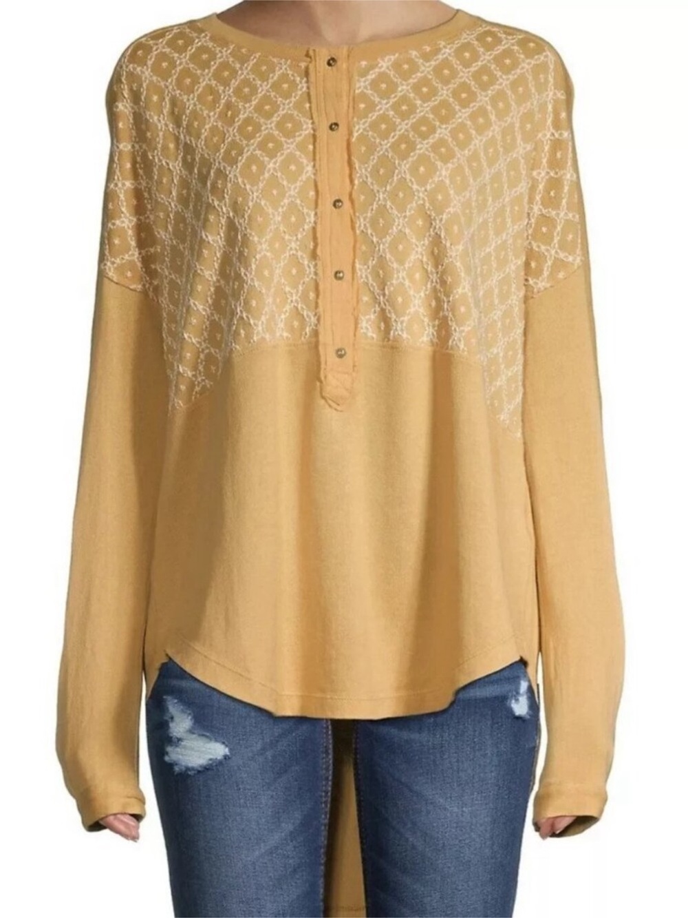 Free People We the Free size Large Free Spirit Tee Embroidered Tunic Boho Yellow